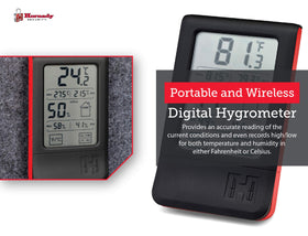 Hornady Digital Hygrometer compact-body fits on shelves and workbenches.