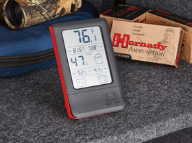 Hornady Digital Hygrometer fold-out stand enables easy shelf placement and viewing.