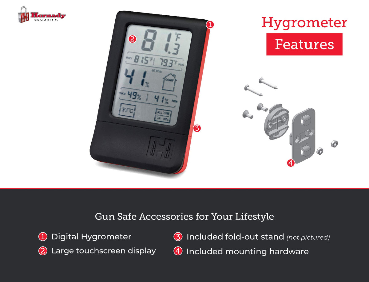 Hornady Digital Hygrometer min-max records track daily highs and lows.