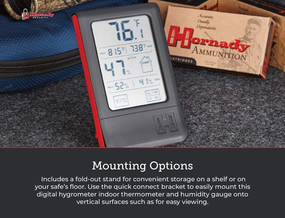 Hornady Digital Hygrometer shelf-placement keeps the monitor within reach.