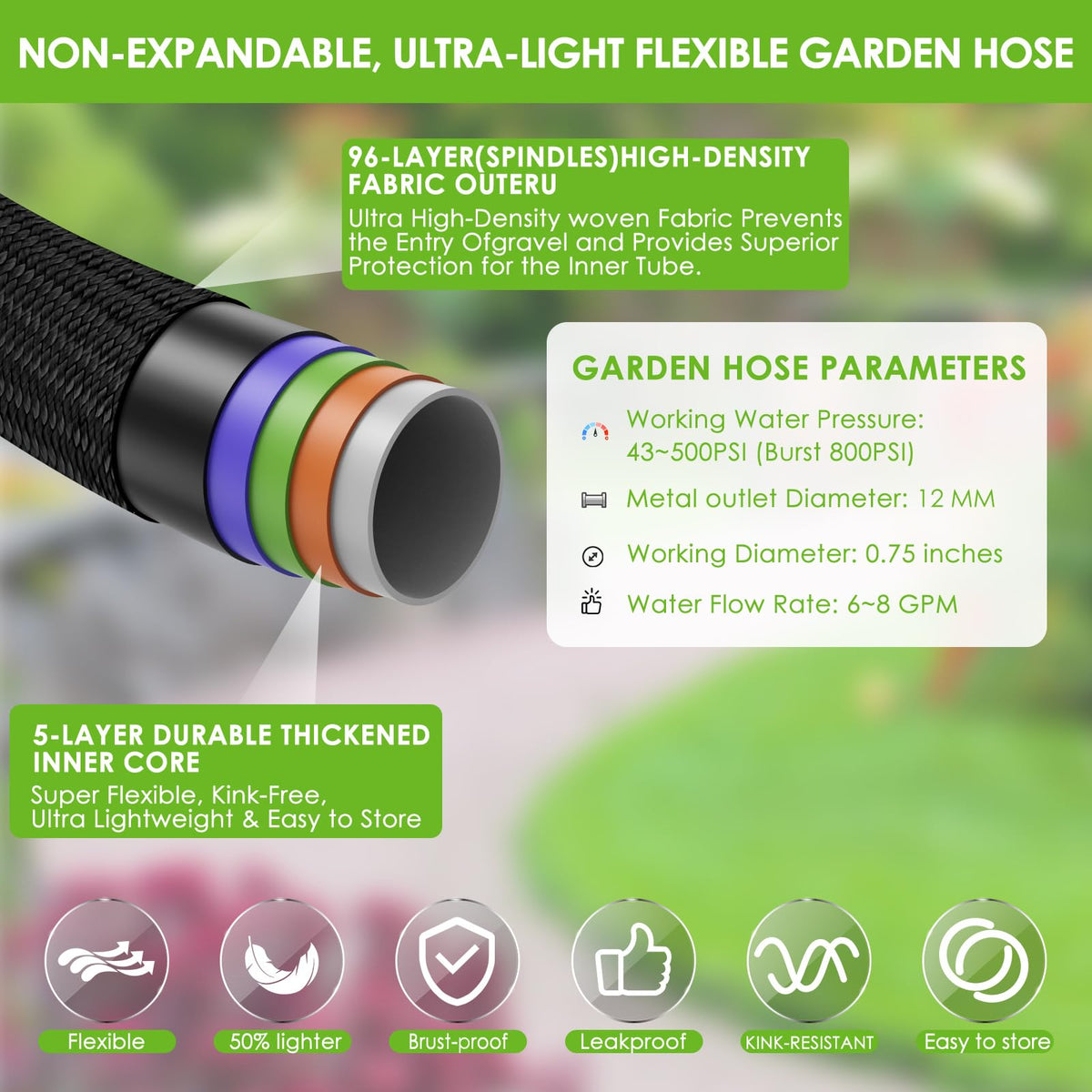 HORTICORA non-expandable hose with 96-strand braided fabric durability.