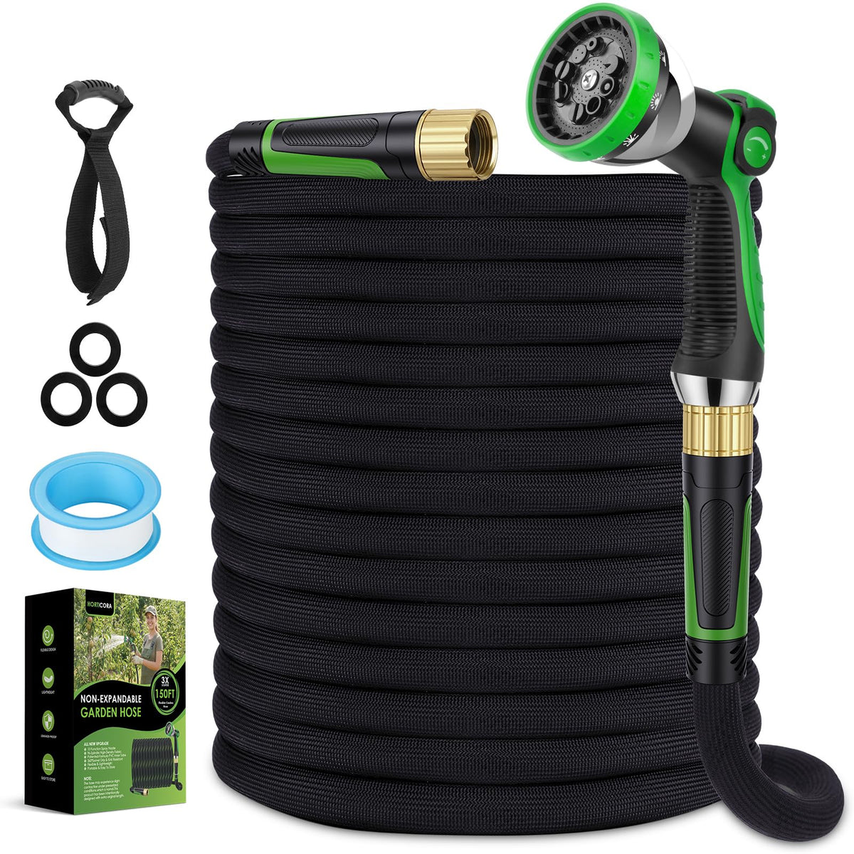 HORTICORA includes washers and sealing tape for easy faucet setup.