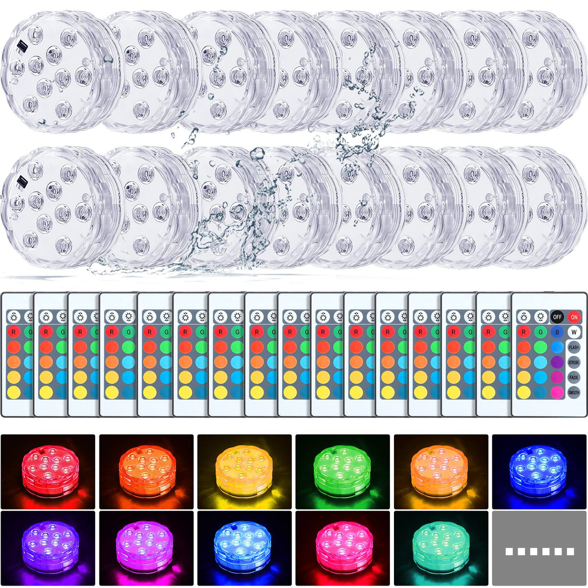 Hortsun 16-pack submersible LED lights illuminate pools with color-changing effects.