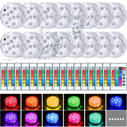 Hortsun 16-pack submersible LED lights illuminate pools with color-changing effects.