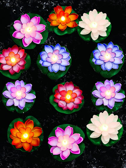Hortsun floating lotus lights glow over water, perfect for festive pool decor.