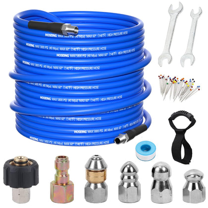 HOSEING 100ft sewer jetter kit unboxing shows complete accessories for fast setup.