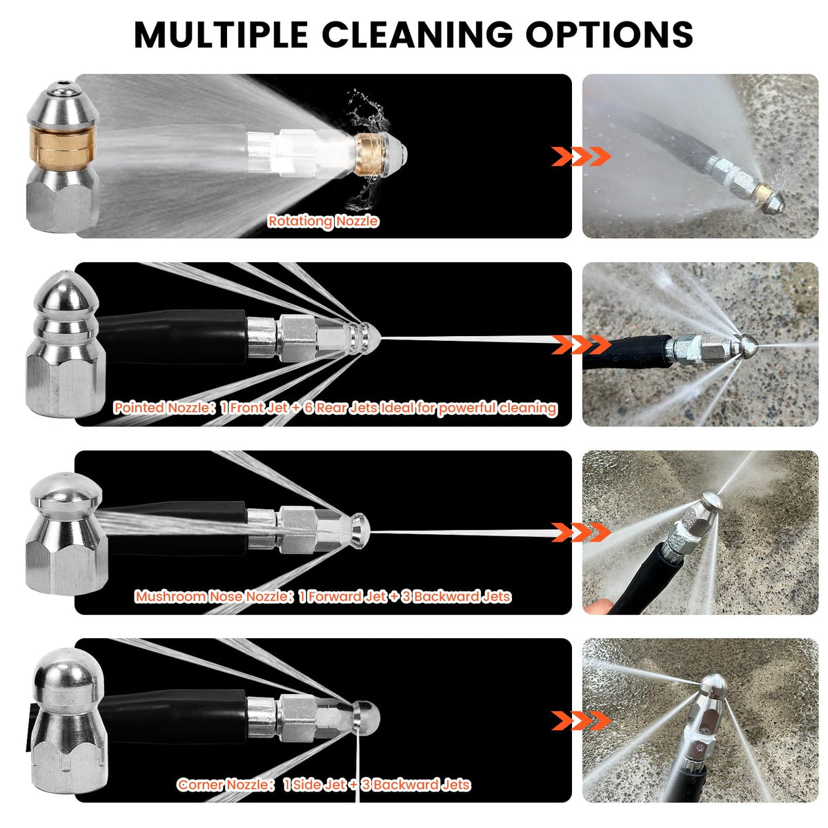 HOSEING pointed sewer nozzle front spray clears blockages