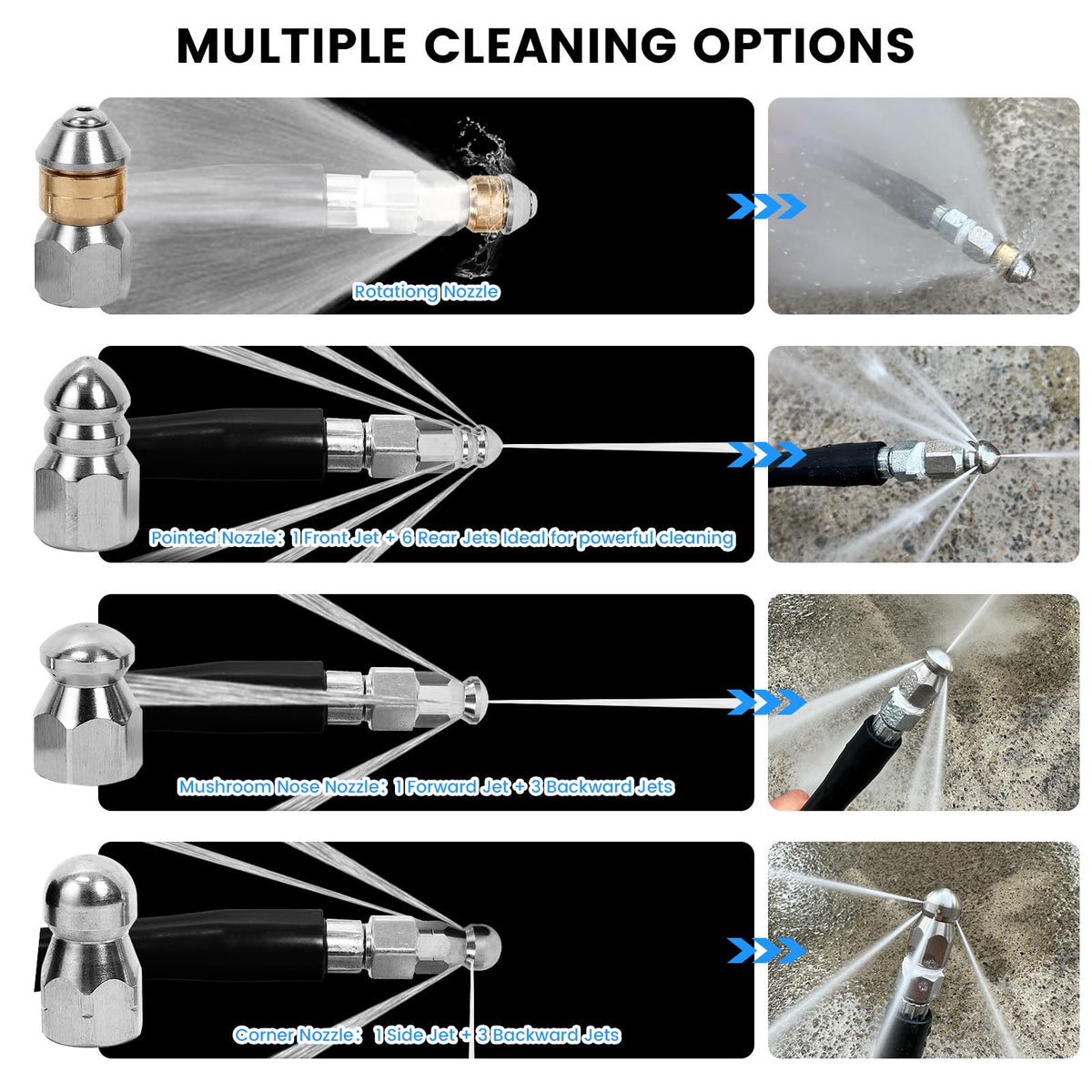 HOSEING sewer jetter rotating nozzle for thorough debris wash and broad coverage.