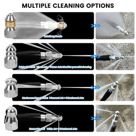 HOSEING sewer jetter rotating nozzle for thorough debris wash and broad coverage.