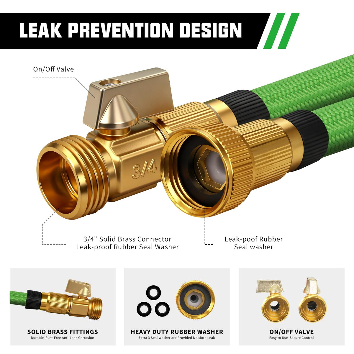 Hosetop leakproof aluminum fittings with 10-spray nozzle.