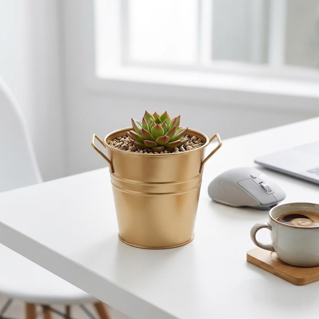Hosley fireplace mantel decor with gold metal planters.