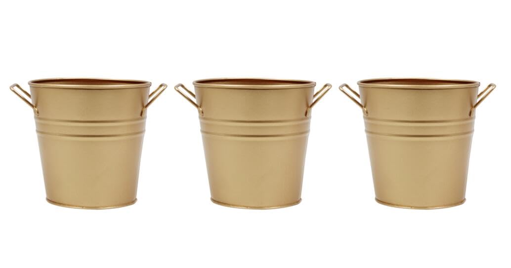 Hosley gold metal bucket set with glossy finish for elegant floral displays.