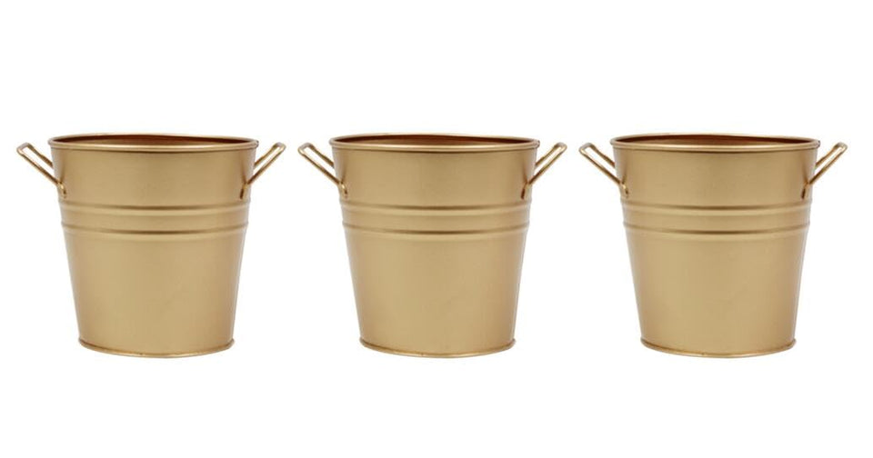 Hosley gold metal bucket set with glossy finish for elegant floral displays.