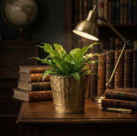 Hosley planters on fireplace mantel add warm metallic accent.