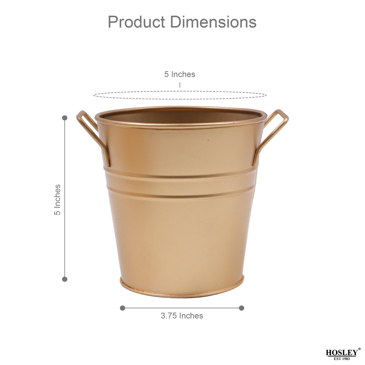 Hosley outdoor patio use gold buckets for seasonal greenery.