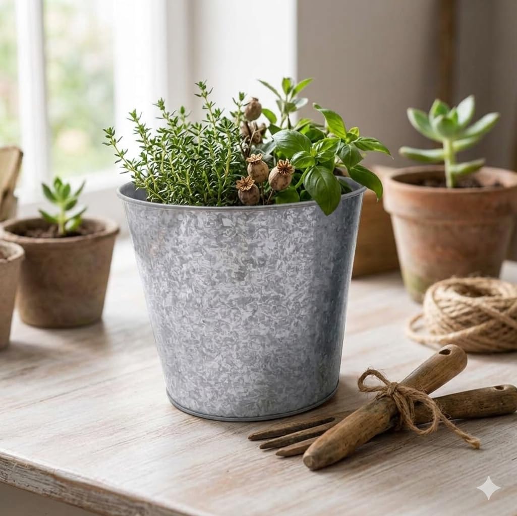 Hosley wedding centerpiece idea using galvanized buckets for warm décor.