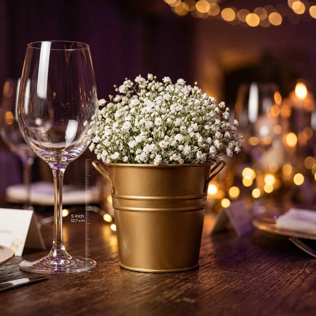 Hosley wedding decor ideas featuring gold buckets on tables.