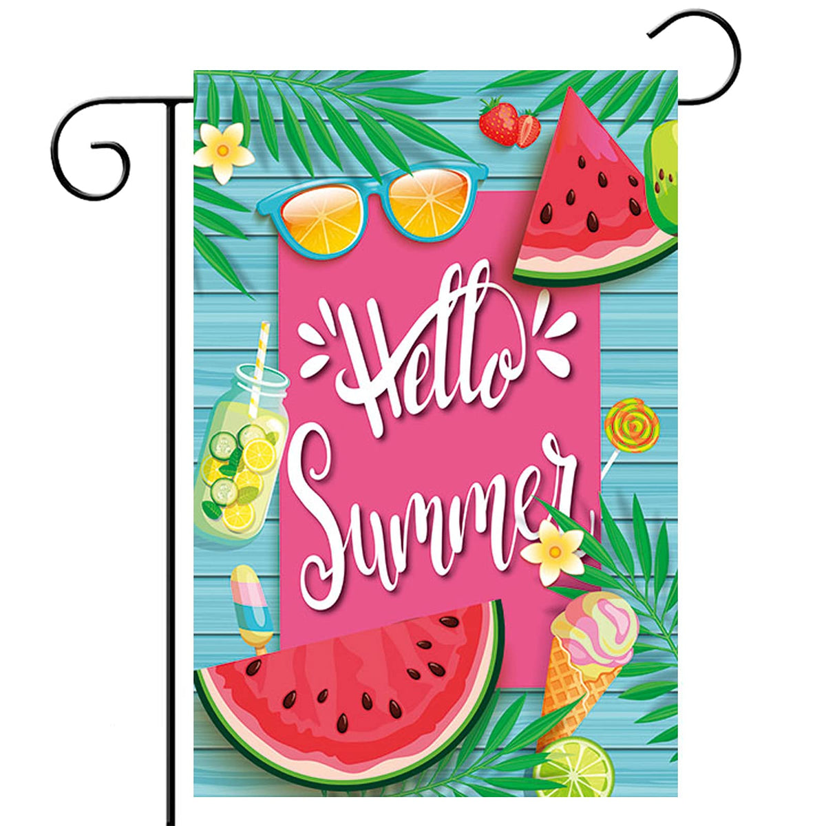 Hostey Hello Summer Watermelon flag, front view, vibrant outdoor decor for sunny yards