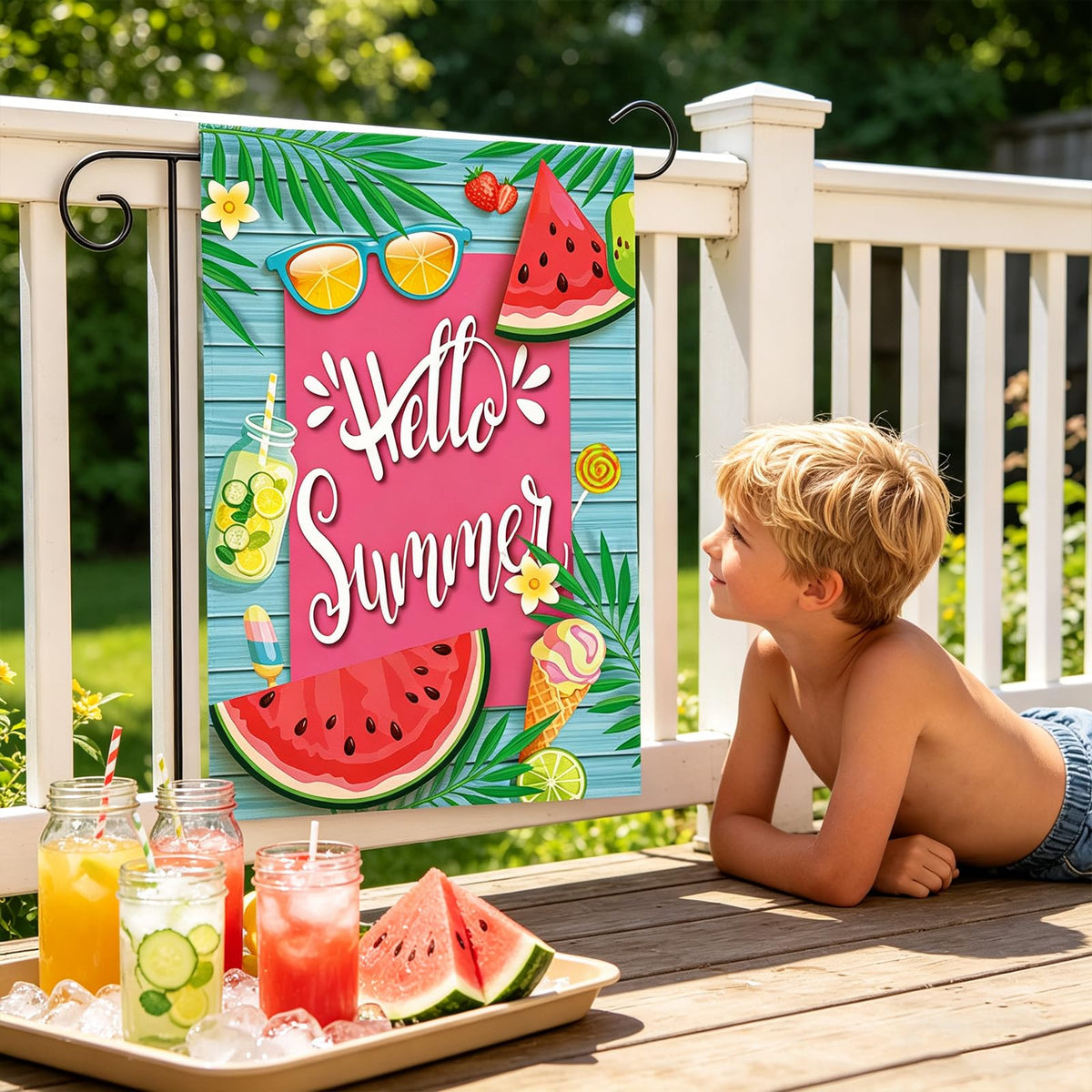 Hostey Hello Summer Watermelon flag, hanging sleeve view, easy outdoor mounting