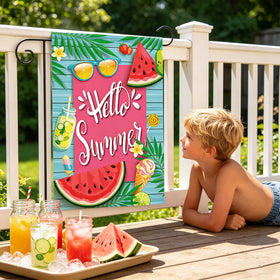 Hostey Hello Summer Watermelon flag, hanging sleeve view, easy outdoor mounting
