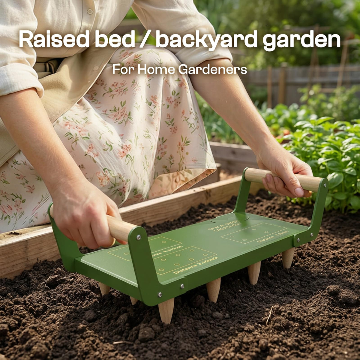 HOSUKU Seed Spacer Tool in use shows easy soil insertion and removal