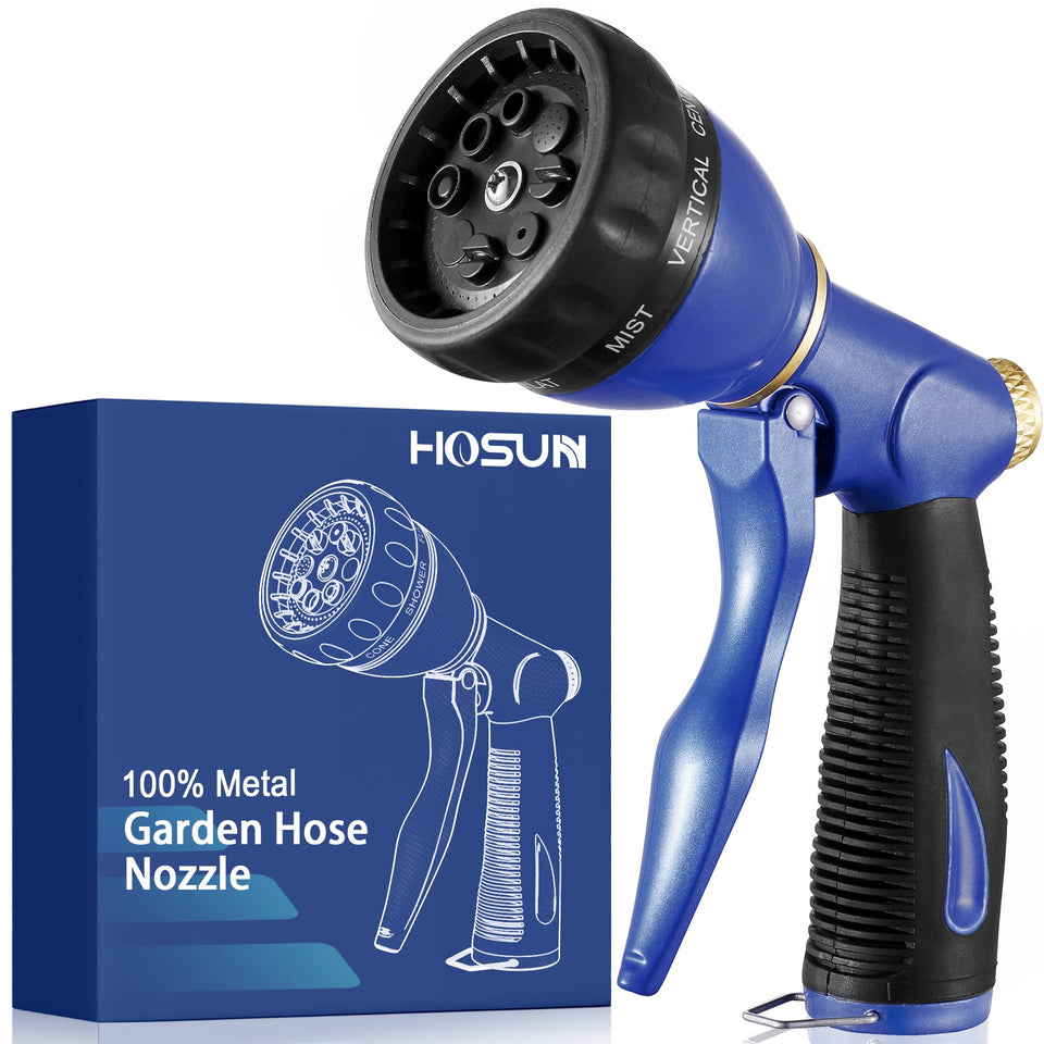 HOSUN garden hose sprayer nozzle showing eight spray patterns for versatile use