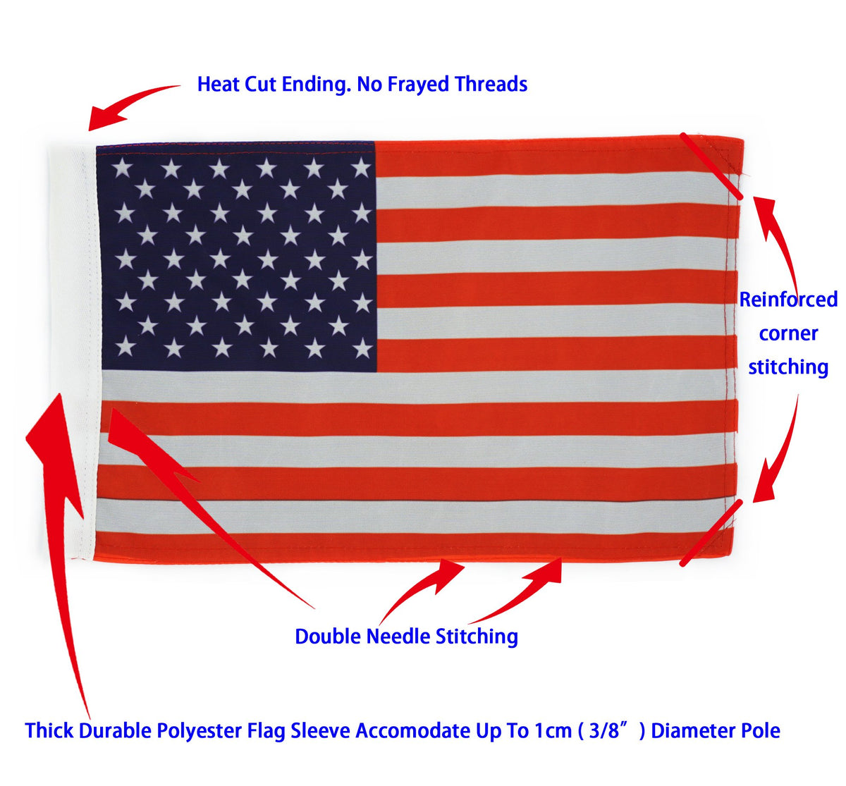 Hot Rides motorcycle flag 6x9 sleeve edge cut prevents frayed threads.