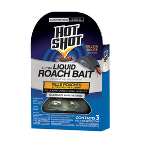 Hot Shot Ultra Liquid Roach Bait station attracts roaches by walls for quick control.