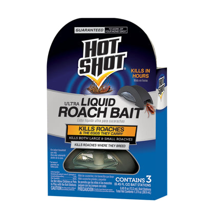 Hot Shot Ultra Liquid Roach Bait station attracts roaches by walls for quick control.