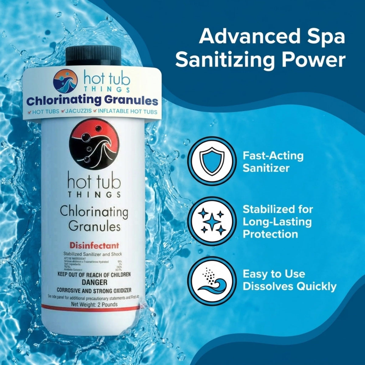 Hot Tub Things chlorine granules in bottle ready for precise dosing