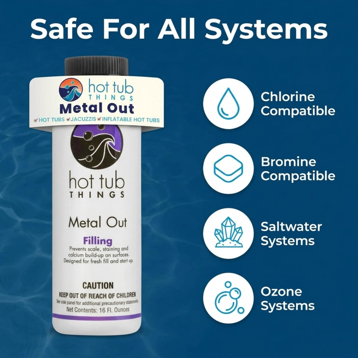 Metal Out compatible with chlorine and salt systems in spa