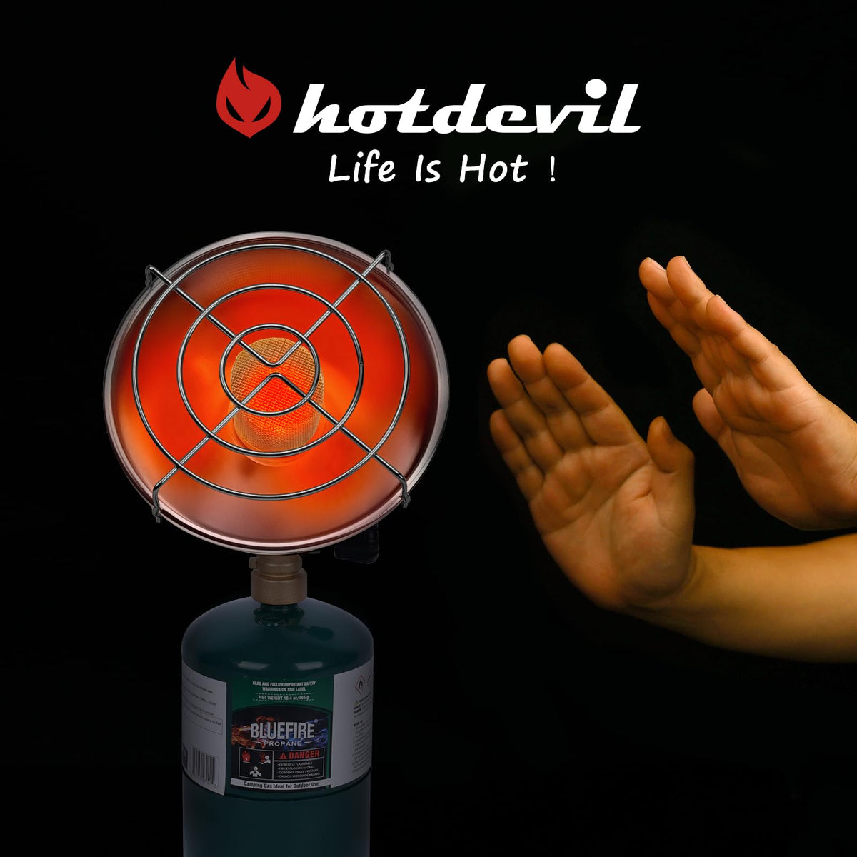 Hotdevil easy-setup outdoor heater ready for camping and garage use.