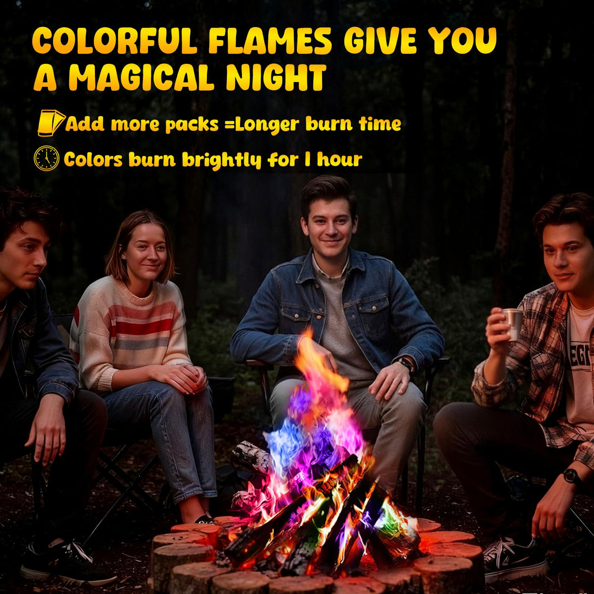 Hotdevil color flames brighten a lakeside campfire with turquoise and blue tones.