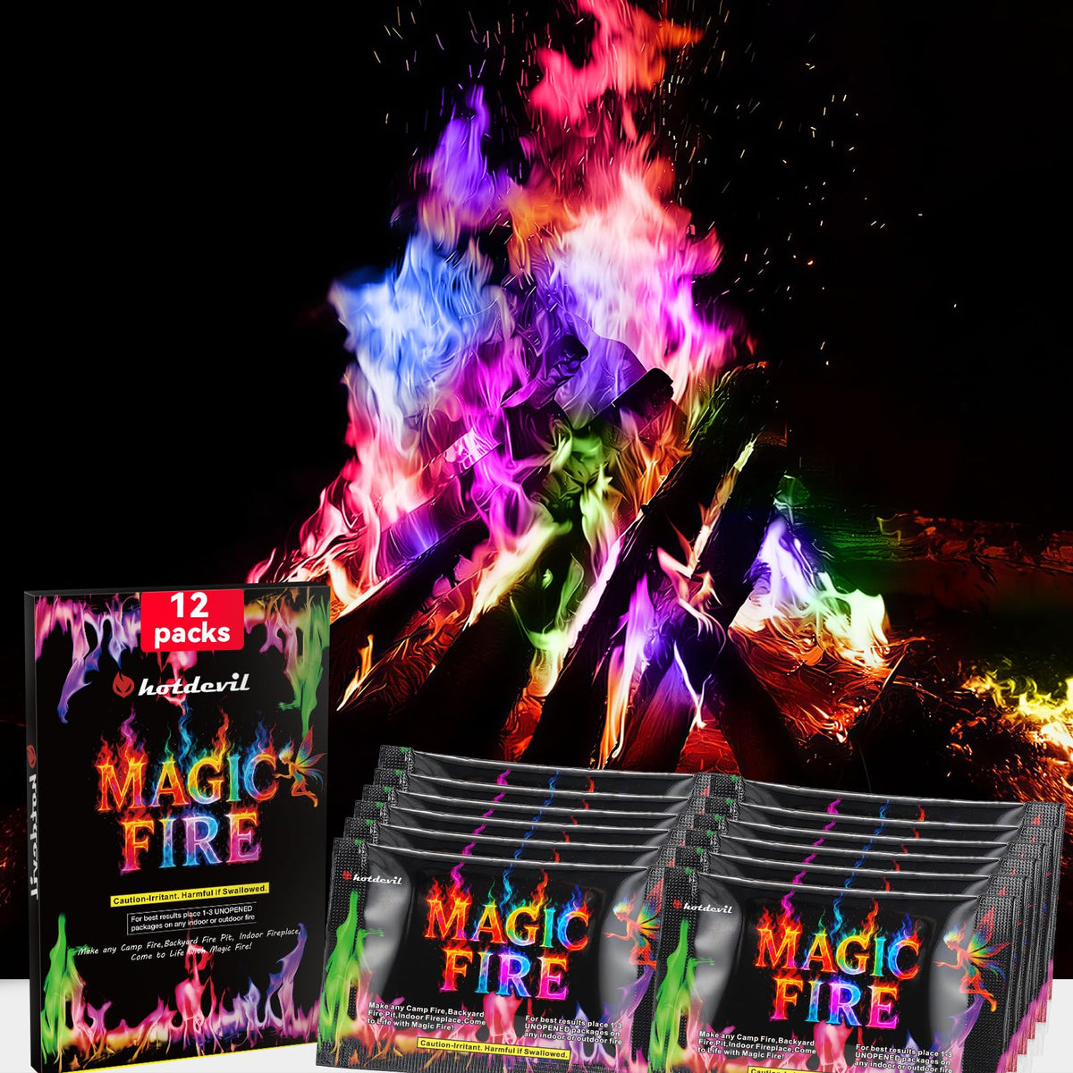 Hotdevil Fire Color Packets on display in 12-pack packaging for outdoor use.