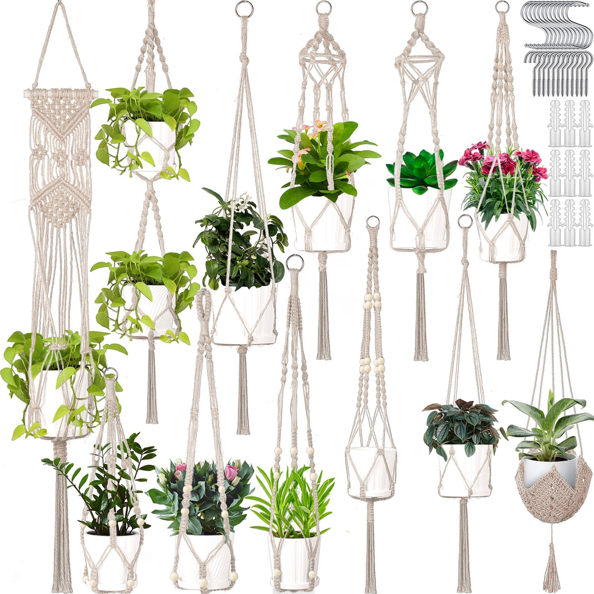 Hoteam white macrame plant hangers set for stylish indoor displays