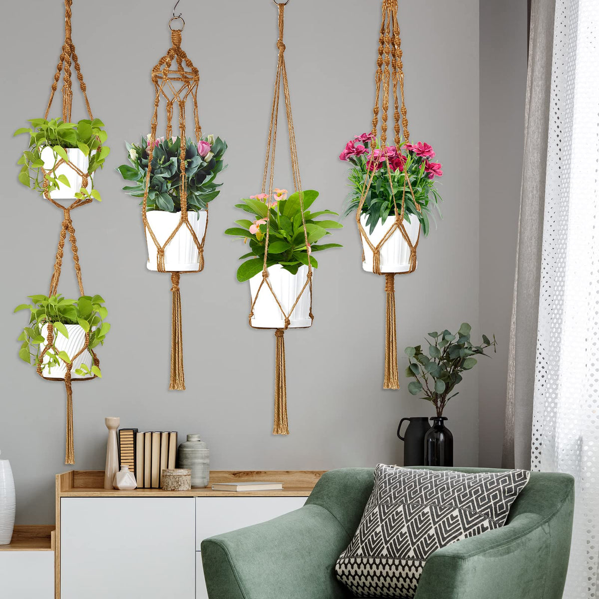 Rustic brown decor from Hoteam macrame hangers enhances outdoor patio spaces.