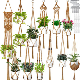 Hoteam brown macrame hangers in a 12-pack for space-saving plant display.