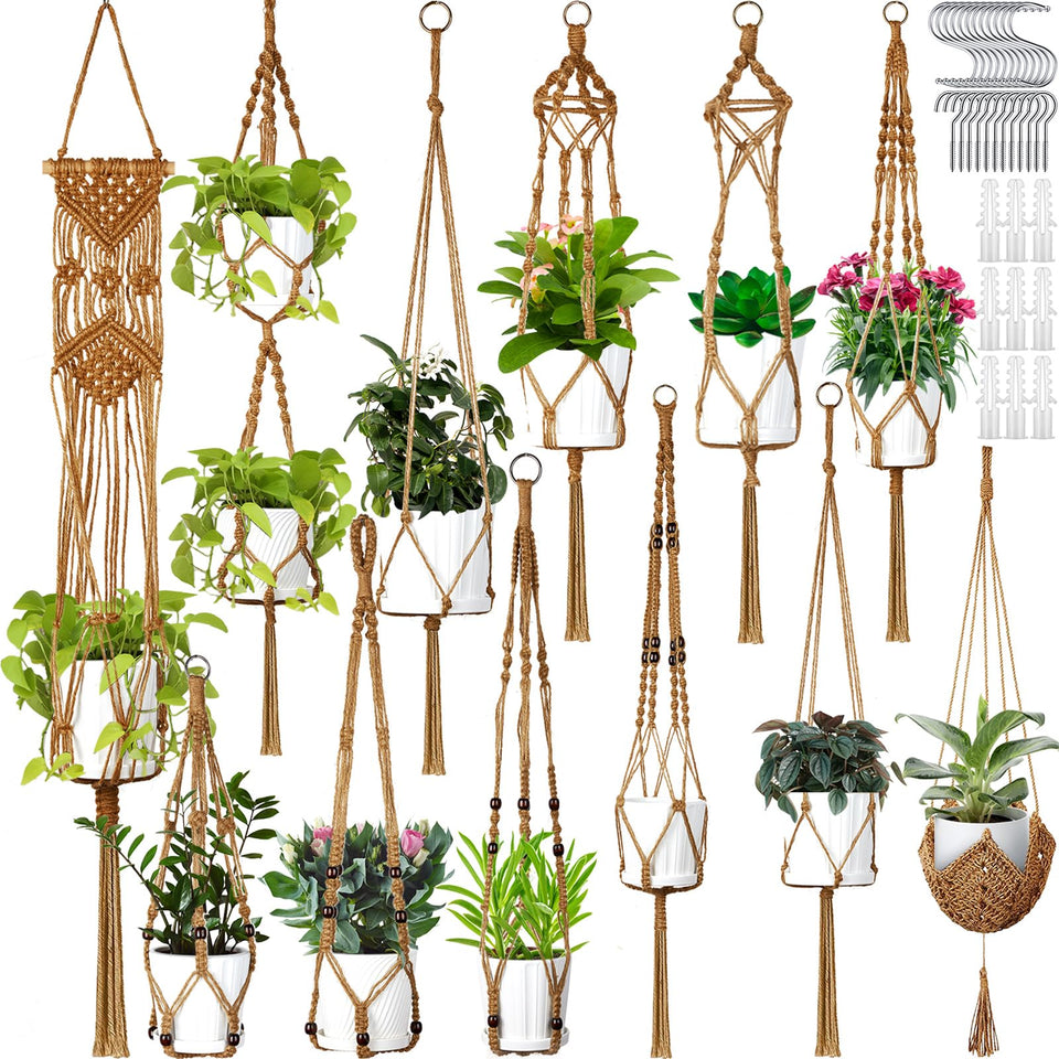 Hoteam brown macrame hangers in a 12-pack for space-saving plant display.