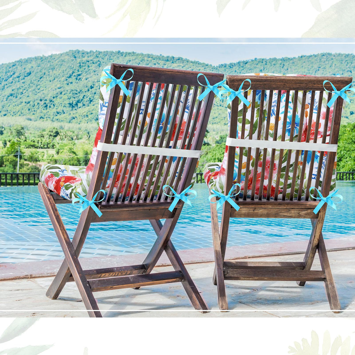 Hoteam flower-pattern cushions on a wicker chair enhance porch seating.