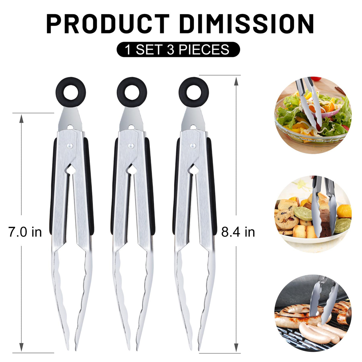 Hotec mini tongs gripping salad, showing non-slip grip and easy handling.