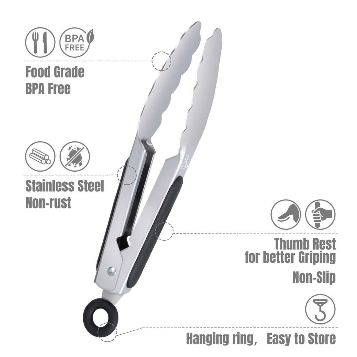 Hotec mini tongs silicone cushioned handle for comfortable grip.