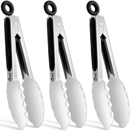 Hotec mini tongs 7-inch top view, sturdy stainless steel for precise serving.