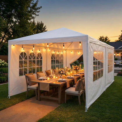 Hoteel 10x20ft tent top cover shields guests from rain and sun.