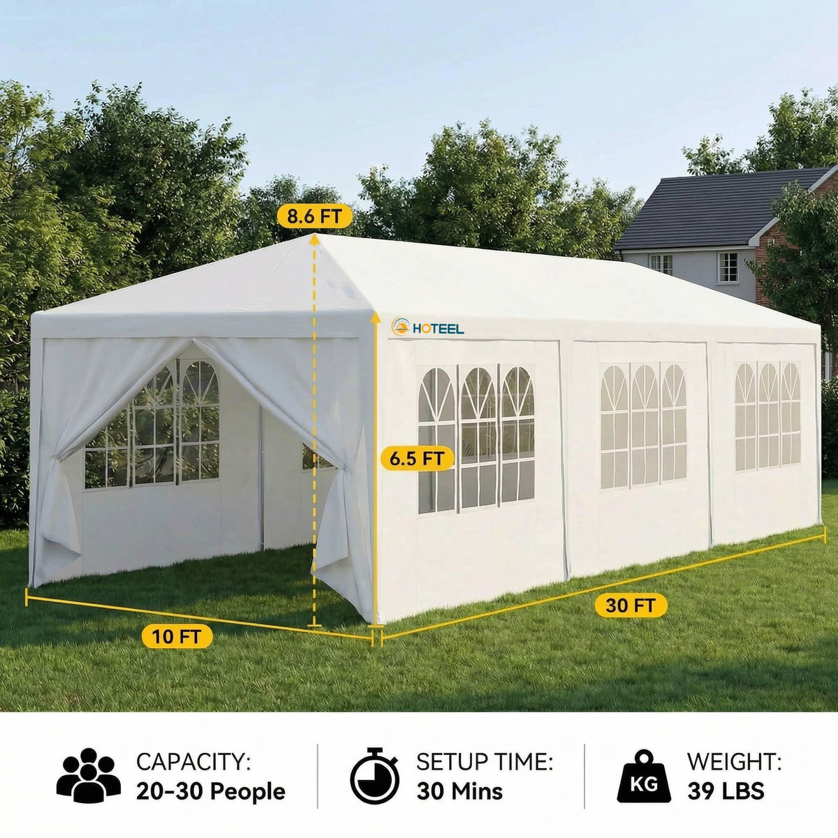 Hoteel 10x30 party tent sidewalls removable highlighting flexible weather control.