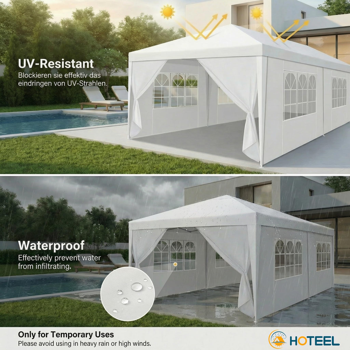 Hoteel waterproof and UV-blocking canopy provides sun protection for gatherings.