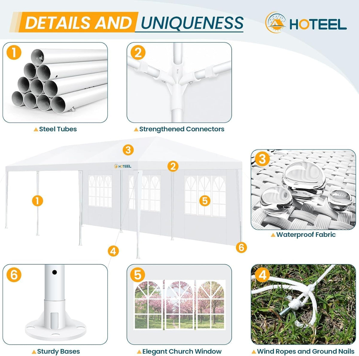 Hoteel waterproof top fabric keeps guests dry during rain.