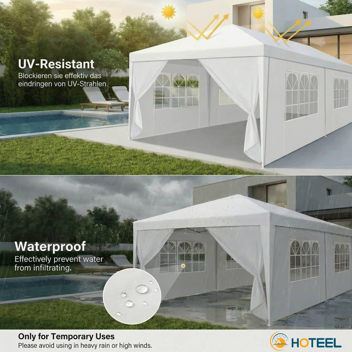 Hoteel weatherproof canopy with UV protection for sunny and rainy days.