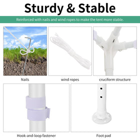 Hoteel wind ropes and ground spikes enhance tent stability on uneven ground.