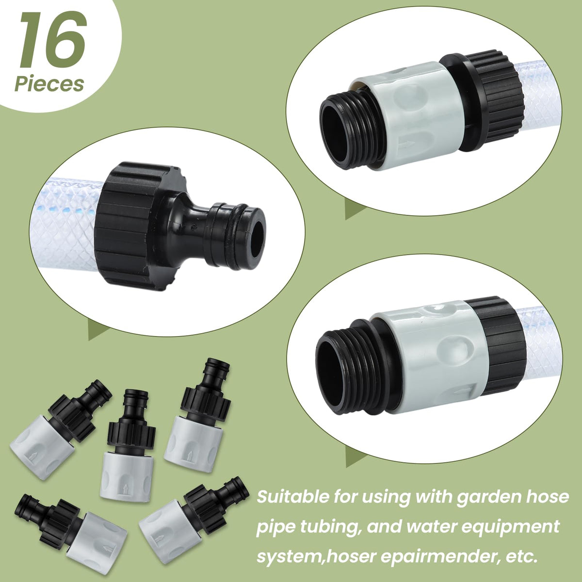 Hotop male faucet adapter fits common garden faucets.