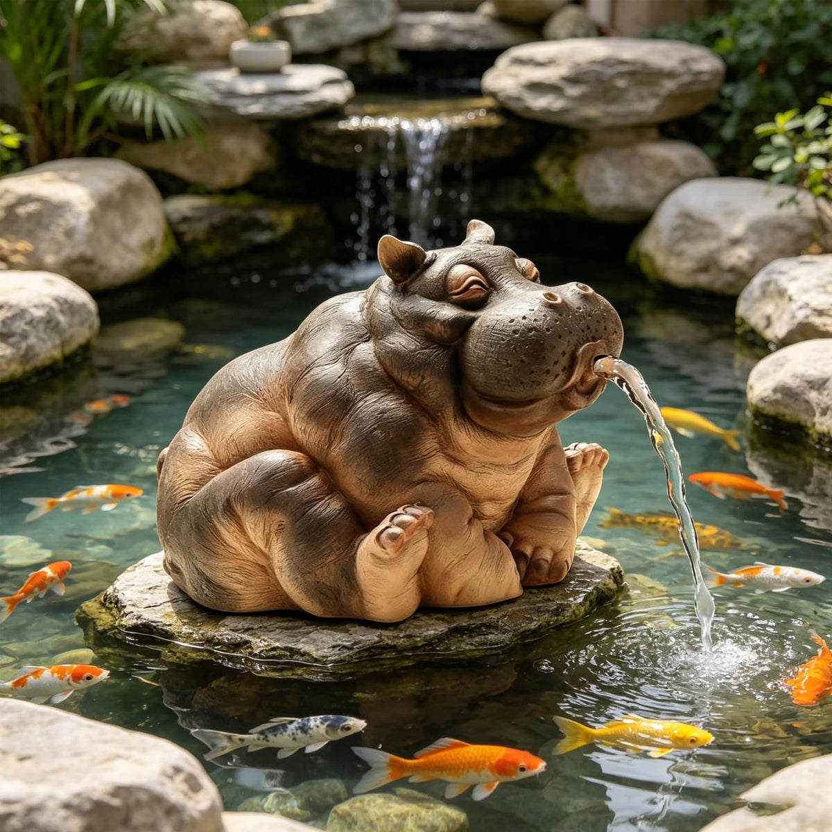 Hottche Hippo spray arc detail highlighting realistic flow for pond ambiance